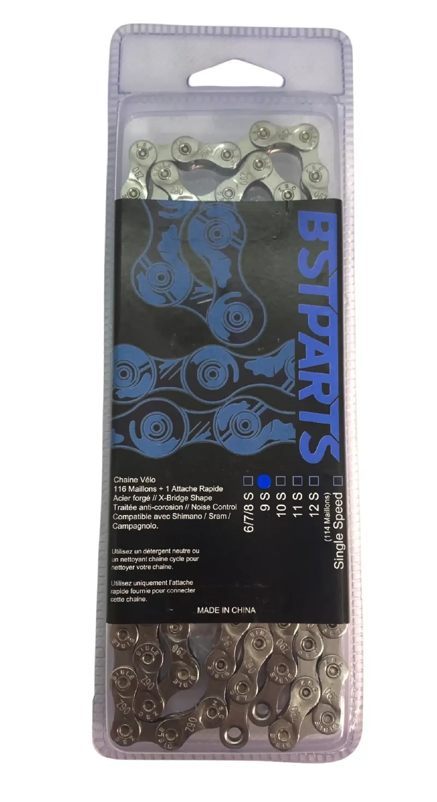 Chaine BST-PARTS 6/7/8 vitesses Sram/Shimano (116 maillons + quick link) argent