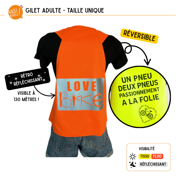 Gilet fluo réversible - Love Bike & 2 Pneus