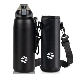 Bouteille d'eau isotherme en acier inoxydable de 1 000 ml avec sac de transport, bouteille pour boissons gazeuses, noire