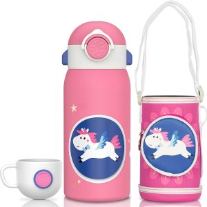 Bouteille en acier inoxydable de 600 ml pour enfants avec paille et double couvercle, licorne rose